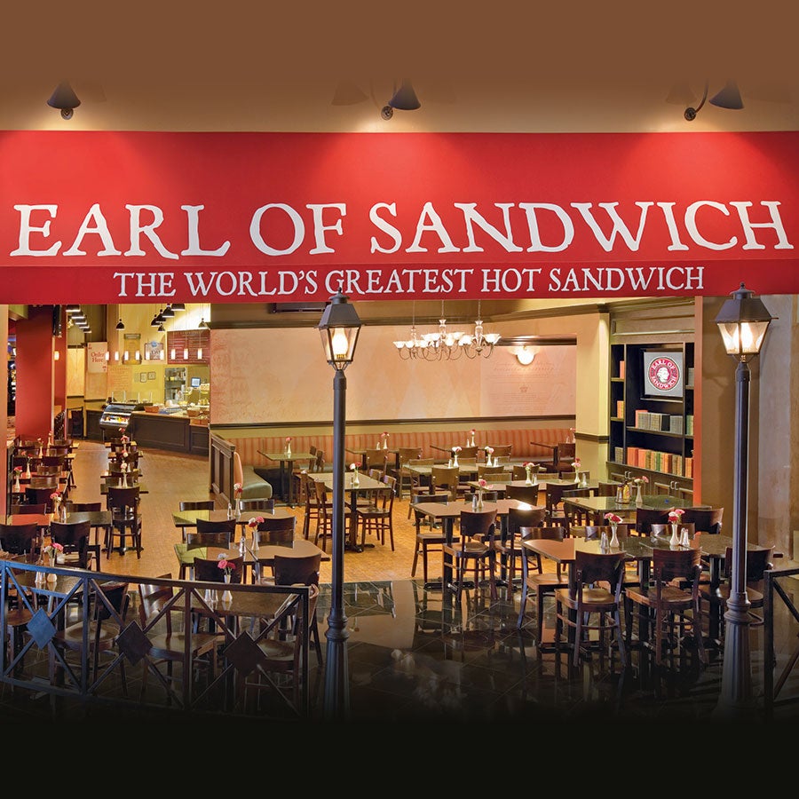 Earl of Sandwich restaurant seating area inside of Miracle Mile Shops