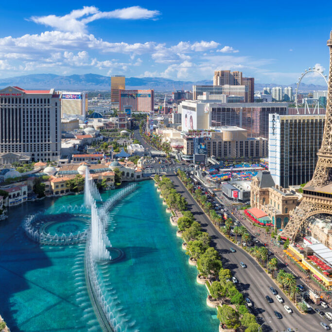 Las Vegas strip skyline, Aerial view at sunny day in Las Vegas, Nevada.